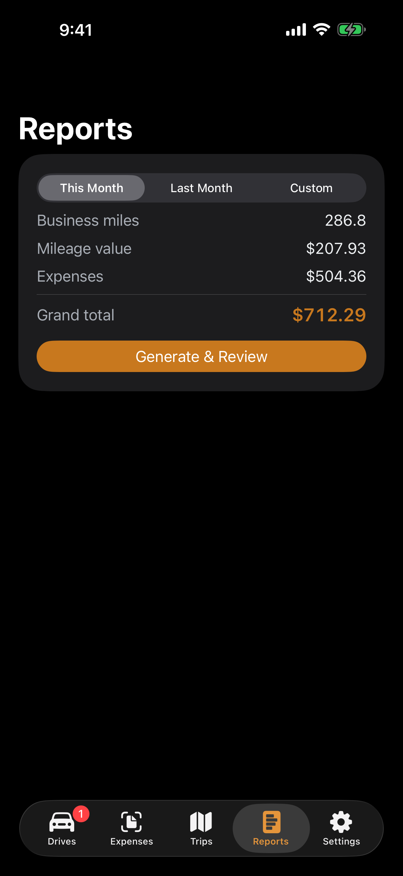Reports screen with live monthly totals